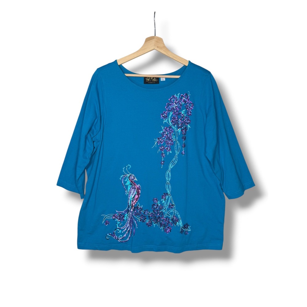 Bob Mackie Wearable Art Women's 1X Turquoise Blue Sequin Peacock 3/4 Sleeve Top
